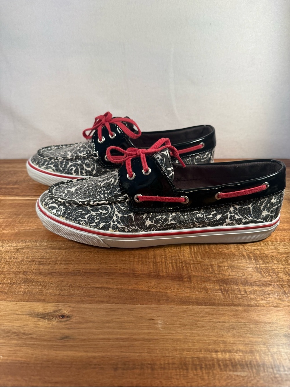 Sperry Biscayne Sequined Boat Shoes Black/White/Red Size 10 - Picture 4 of 10